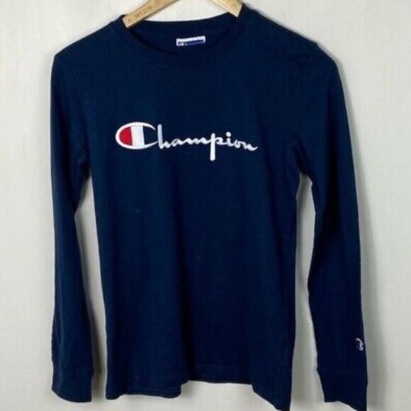 Champion Navy Blue Embroidered Long Sleeve T-Shirt Boys Size Large Tee Crew Neck - Picture 9 of 9